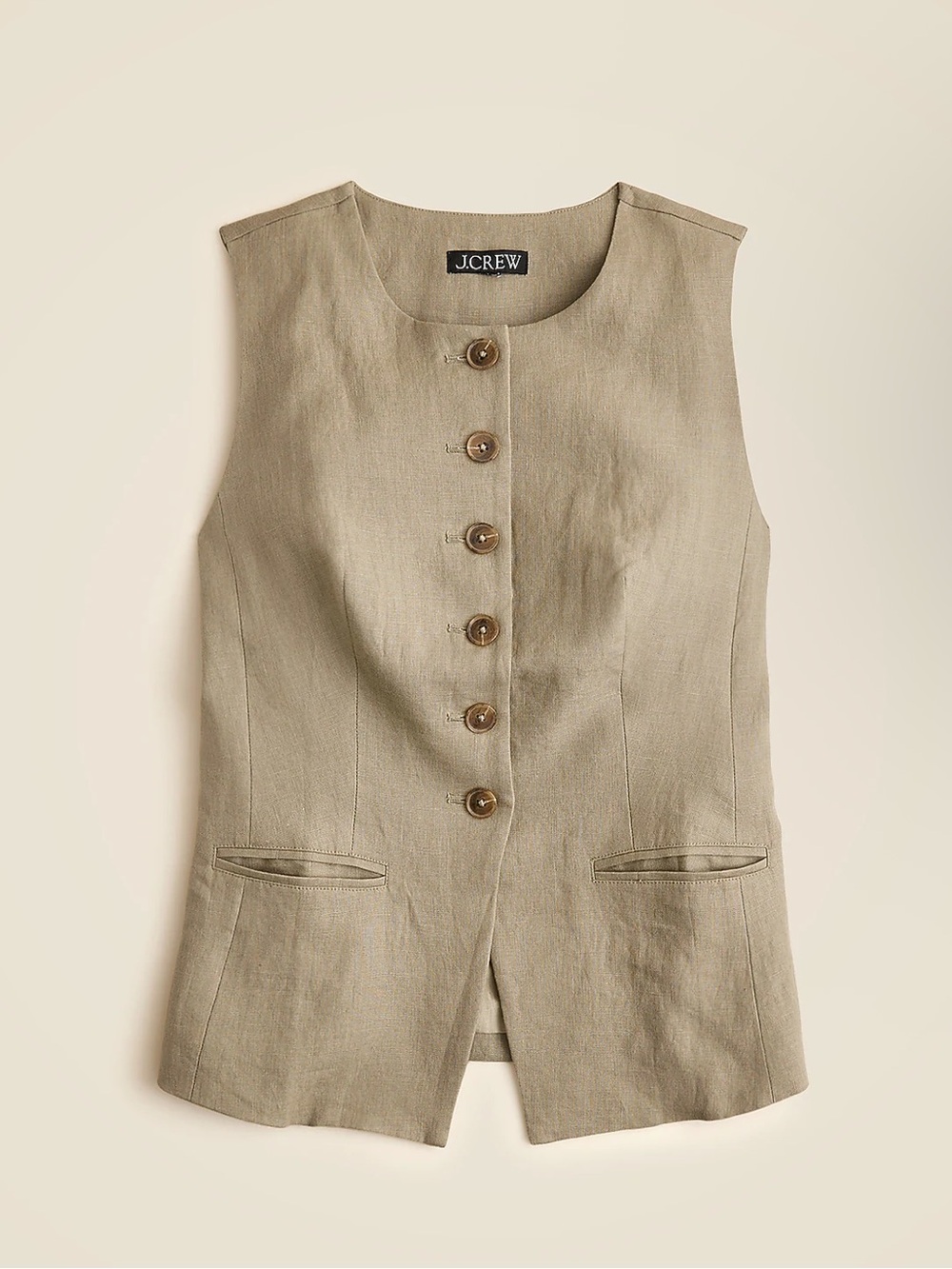 J. Crew Sleeveless Linen Blend Button Vest in Khaki green
